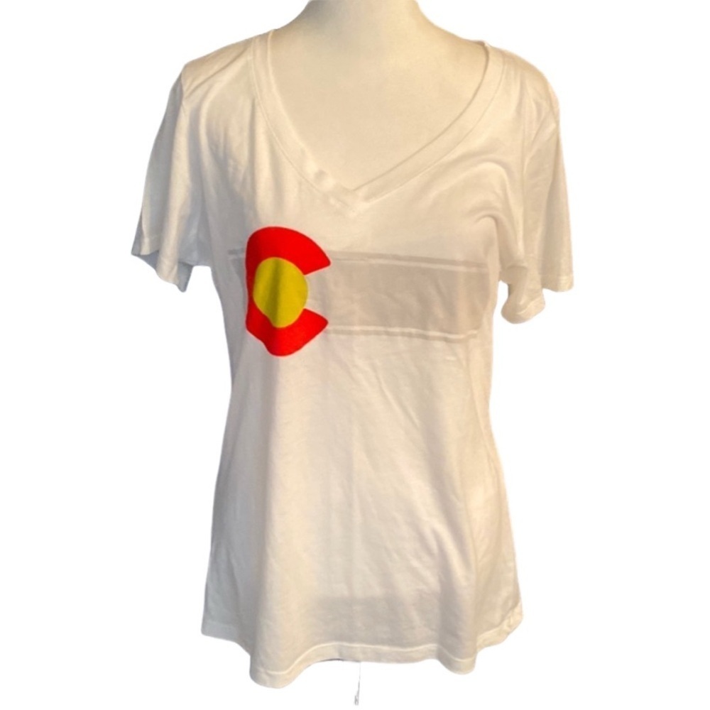 Steel City Colorado White V-Neck Women's Tee with Red and Yellow Graphic. Sz XL